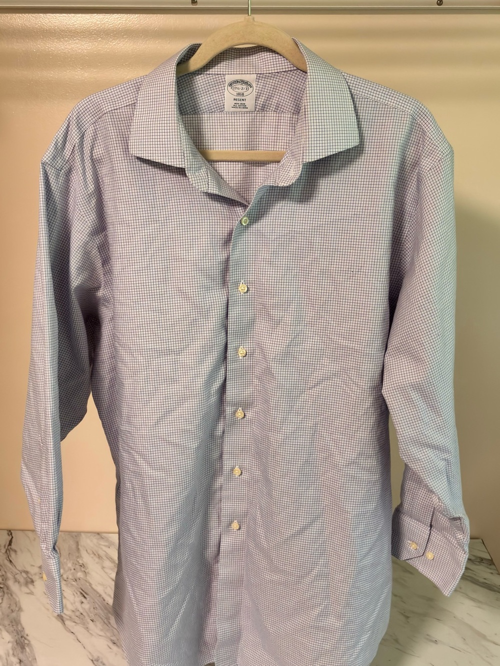 Brooks Brothers Blue and White Mini-Check Dress Shirt and stain on sleeve